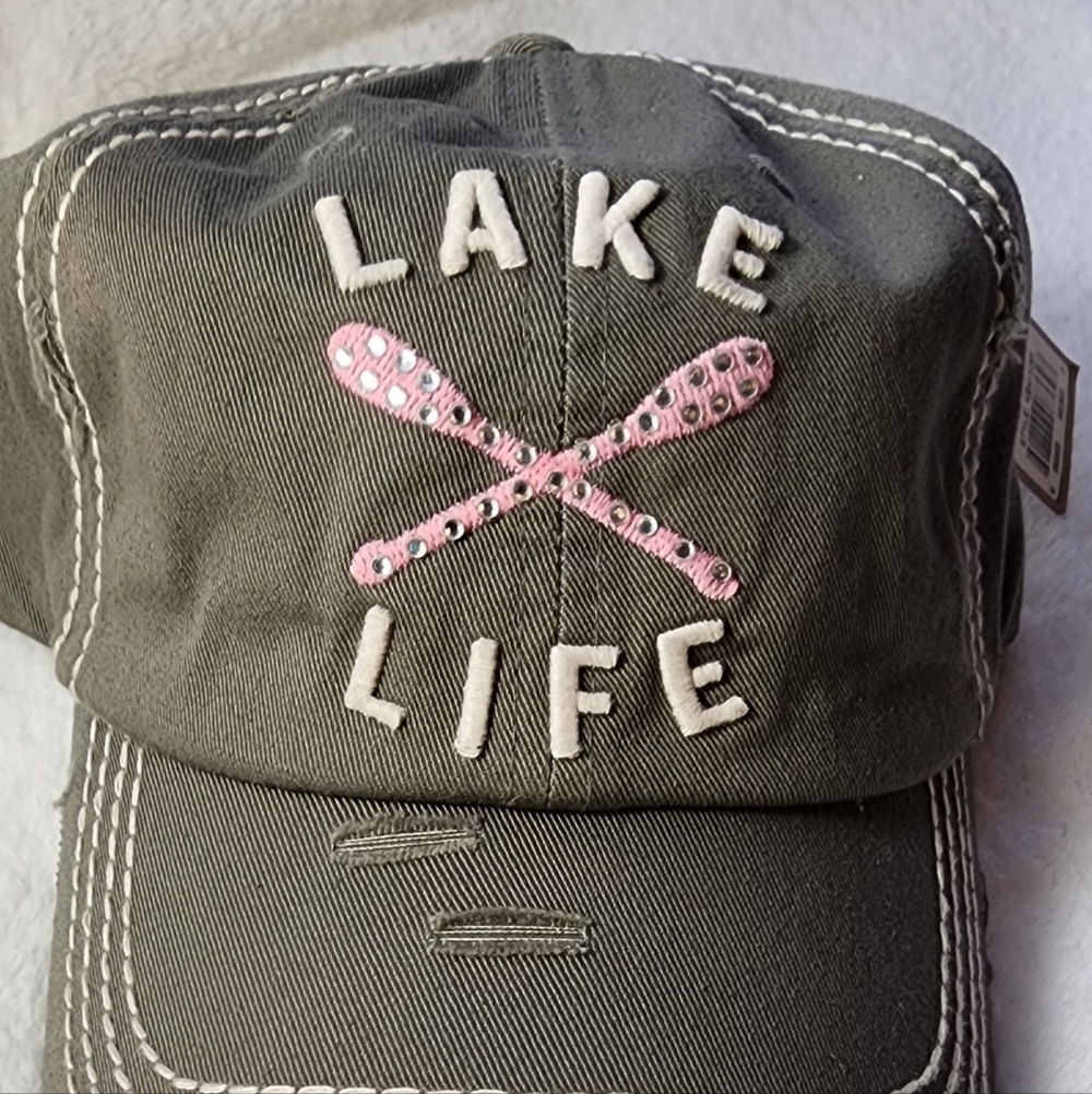 Lake Life Embroidered Baseball Cap - Gray with Pink & Teal NWT